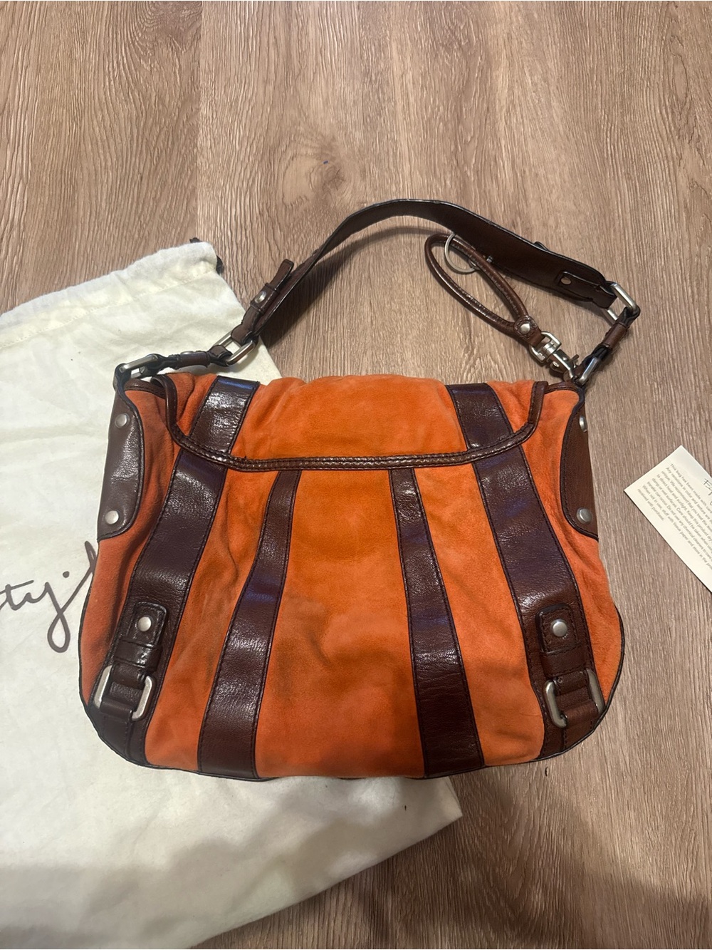 Fossil Fifty-Four Orange Suede & Brown Leather Shoulder Hobo Bag - Picture 4 of 4